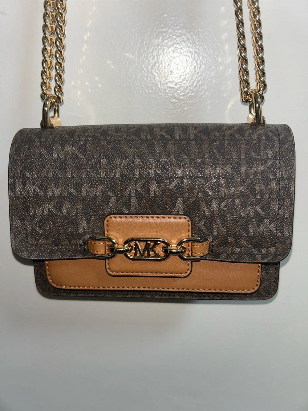 Like new Michael Kors Brown Logo Crossbody with Tan Leather and Gold Chain